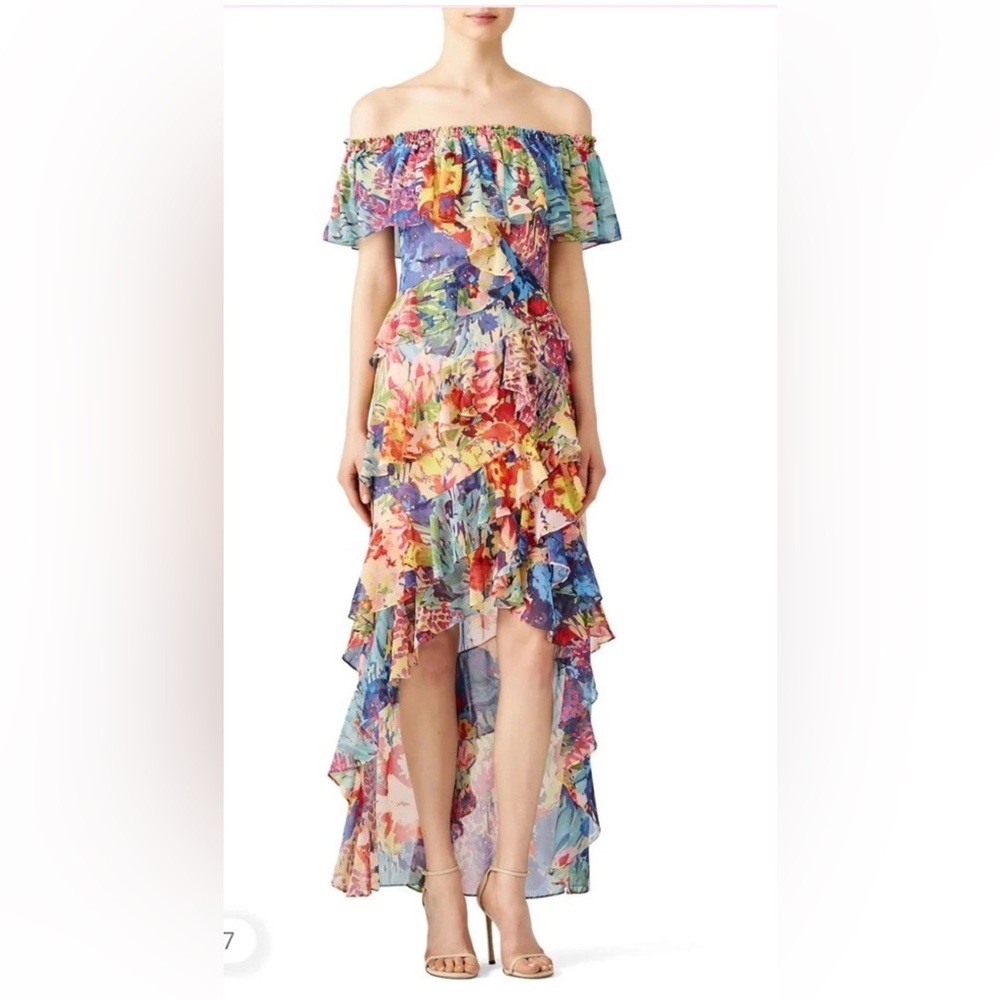 Badgley Mischka Floral High Low Tiered Maxi Dress Size 8